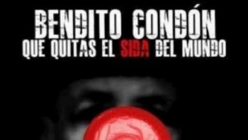 Nos cartazes lê-se que é o preservativo que tira a sida do mundo