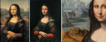 À esquerda a obra original de Leonardo da Vinci, ao centro a cópia antes do restauro, à direita um pormenor da paisagem que estava escondida por baixo do fundo negro