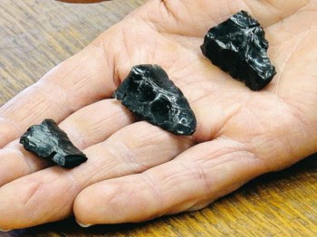Na mão do arqueólogo Dennis Jenkins, três pontas de lança provenientes da gruta de Paisley 