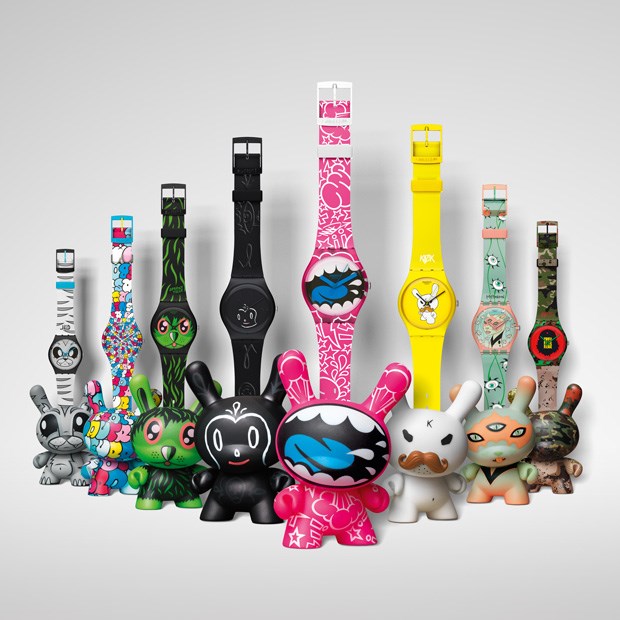 A nova colecção KidRobot for Swatch composta por oito relógios e o respectivo Dunny. Cada relógio custa €52 