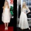 Elle Fanning em Louis Vuitton (esquerda) e vestido vintage com sandálias Lanvin (direita).