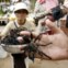  Um vendedor de aranhas fritas posa com as suas especialidades enquanto aguarda clientes na estação de   autocarros de Skun, Camboja. Dez aranhas estaladiças fritas em alho custam cerca de 2€. Diz-se que até têm  um certo sabor a 