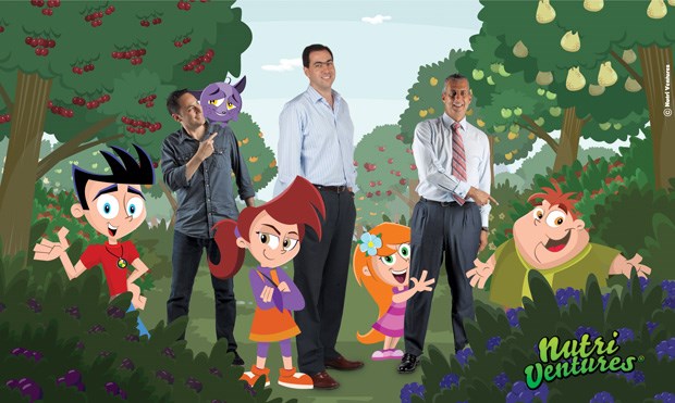 Os responsáveis pela Nutri Ventures (da esquerda para a direita): Rodrigo Carvalho, Rui Lima Miranda e Pedro Van Zeller, com algumas das personagens da série de animação