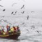 Chile, Valparaiso. Num barco de pescadores, na véspera de Natal, ao longo da costa de Valparaiso. Todos os anos, os pescadores organizam um barco natalício e ao longo da costa as pessoas esperam por estes Pais-Natal pescadores para receberem prendas e votos de felicidades