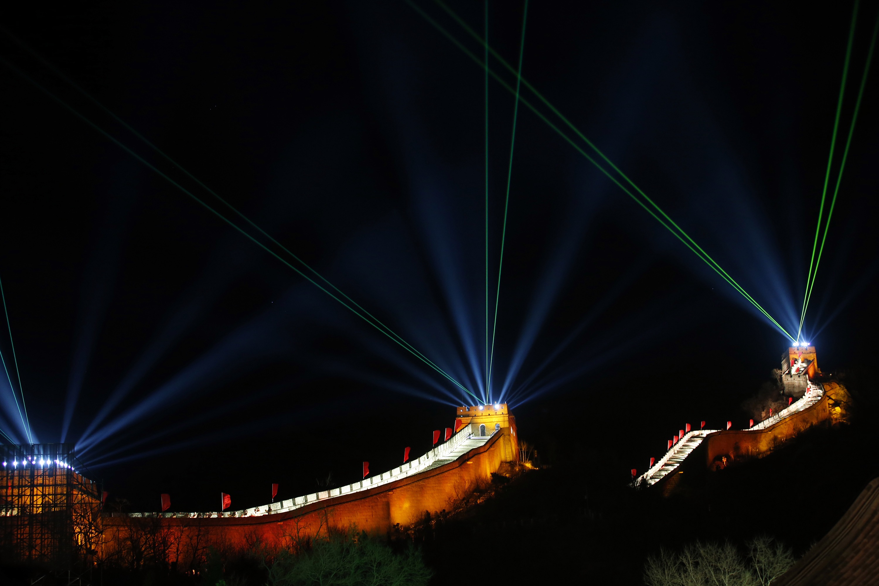 Espectáculo de lasers na Grande Muralha da China