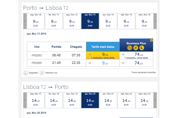 Uma pesquisa para alguns dias de Novembro no site da Ryanair: preços a 9,99 e 14,99 euros