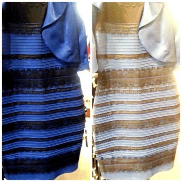 À esquerda, a imagem do vestido com contraste acentuado, em azul e preto. À direita, a mesma fotografia mas com exposição elevada. 