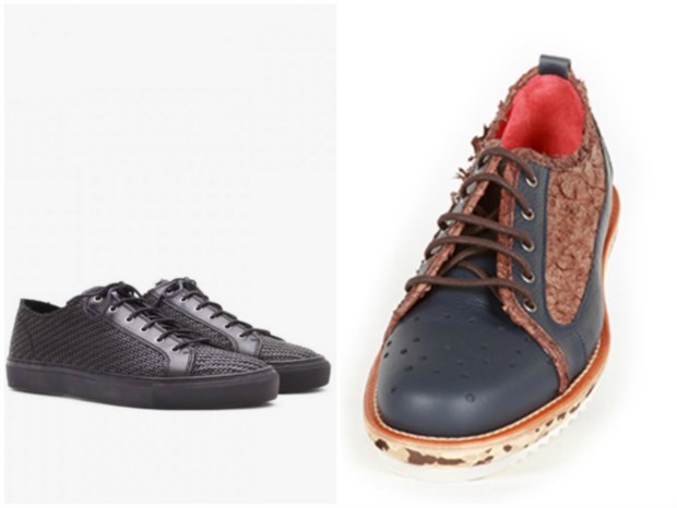 À esquerda, sapatos em pele da Bernardo M42. À direita, proposta em couro com aplicação em pele de carpa castanho da Saccus