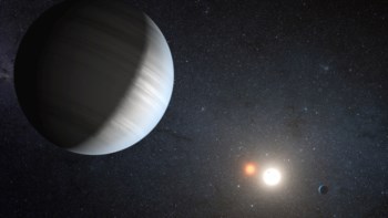 Ilustração científica dos dois sóis ao centro, que se encontram entre os dois planetas