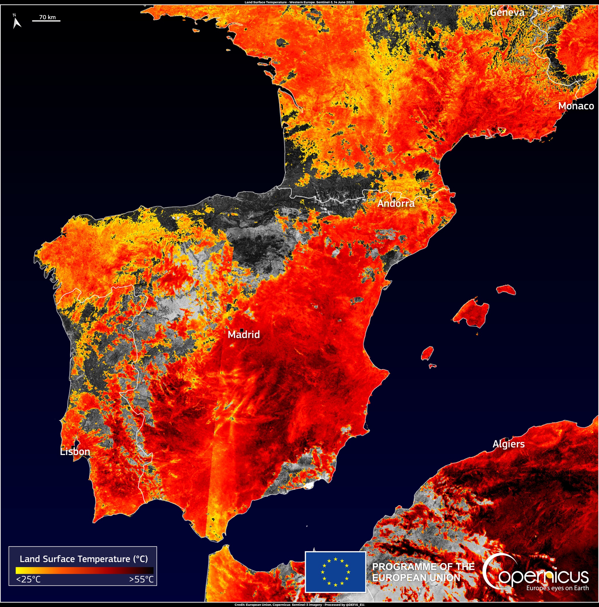 El mapa de calor marca en rojo a Portugal, España y Francia |  pie de foto