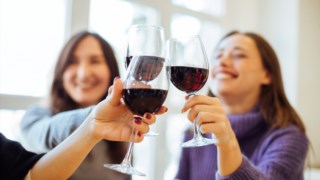 Group of girls (women) drinking red wine, celebrating and having fun together, focus on clinking glasses