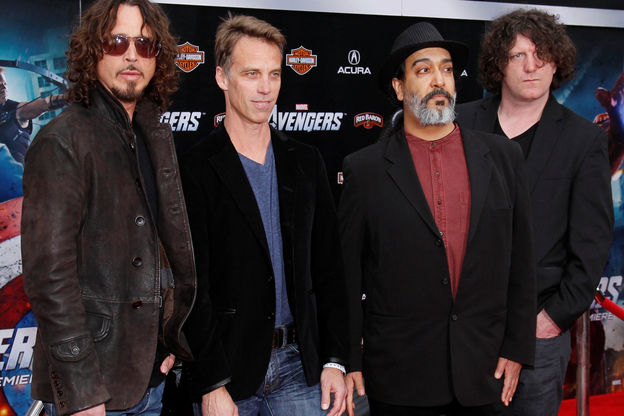 FILE PHOTO: Band members of Soundgarden, (L - R) Chris Cornell, Matt Cameron, Kim Thayil and Ben Shepherd pose at the world premiere of the film "Marvel's The Avengers" in Hollywood, California, U.S., April 11, 2012. REUTERS/Danny Moloshok/File Photo
NARCH/NARCH30