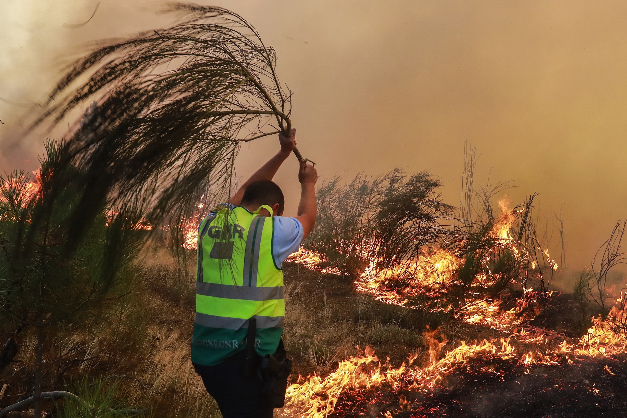 Um elemento da GNR combate um incêndio em Lugar de Pousados, Quinta dos Lacraus, Trancoso, 10 de agosto de 2025. Quatro povoações em Trancoso estão a ser afetadas pelo incêndio uma vez que estão na linha de fogo que está com quatro frentes ativas, mobilizava pelas 17:05, 362 operacionais, apoiados por 120 veículos e oito meios aéreos, segundo a página da Autoridade Nacional de Emergência e Proteção Civil. MIGUEL PEREIRA DA SILVA/LUSA