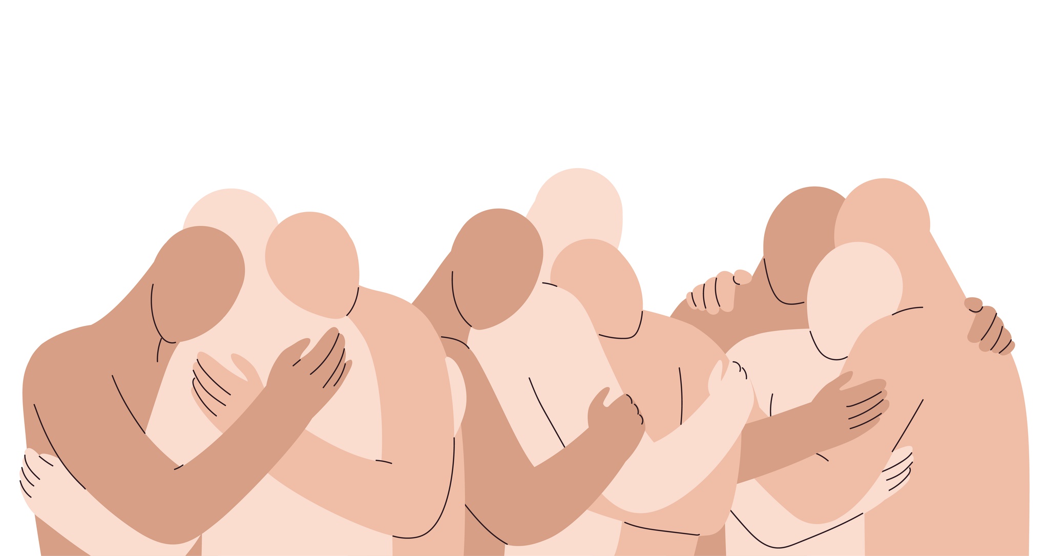 Crowd of naked abstract men and women hug. Polyamory concept. Notions of polygamy, open intimate, romantic and sexual relations, free love. Ethical non monogamy. Colorful vector illustration in flat cartoon style.