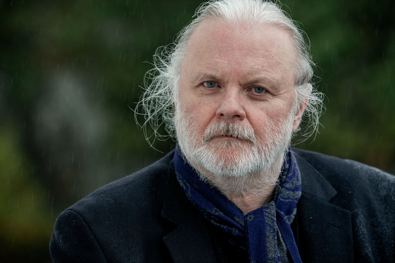 FREKHAUG, NORWAY - OCTOBER 6: Jon Fosse poses in the rain after being awarded the Nobel Literature Prize on October 06, 2023 in Frekhaug, Norway. Jon Fosse, the Norwegian author of novels, short stories and plays was awarded the Nobel Literature Prize 2023. (Photo by Helge Skodvin/Getty Images)