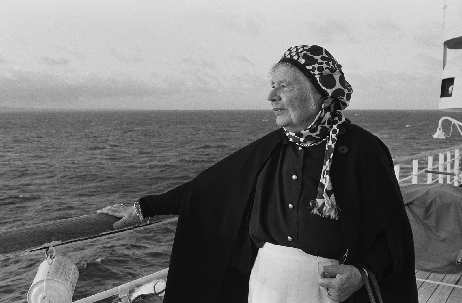Marguerite Yourcenar aboard the French liner "Jean Mermoz" on a Carribbean cruise. . (Photo by Micheline PELLETIER/Gamma-Rapho via Getty Images)