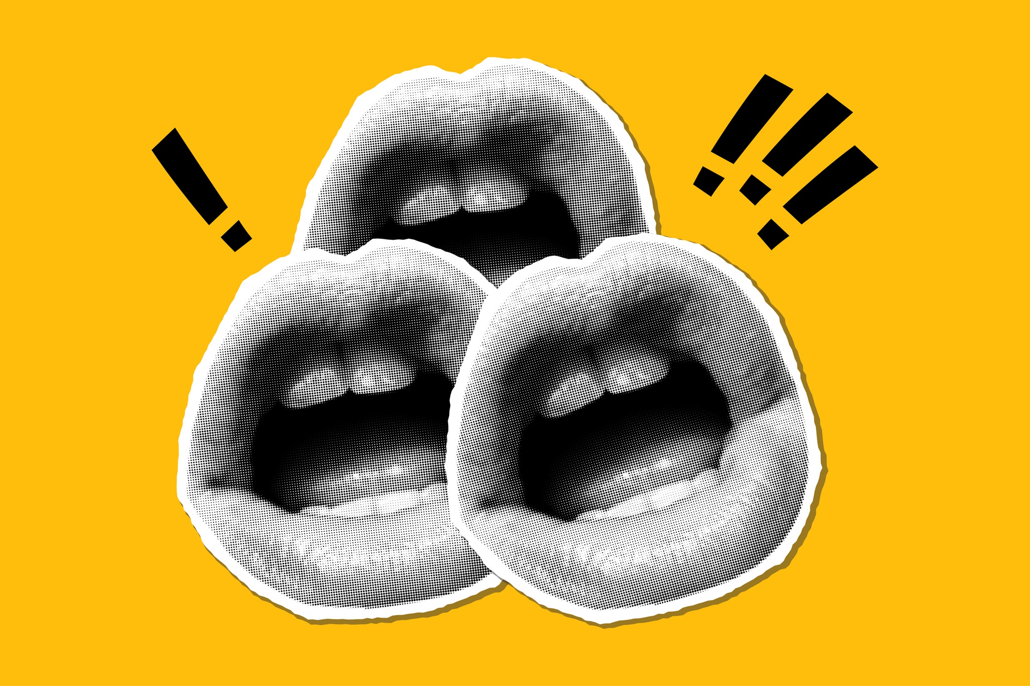 Halftone collage banner, open mouths and exclamation marks on yellow background. Paper elements cut out from newspaper, statement, dialogue.