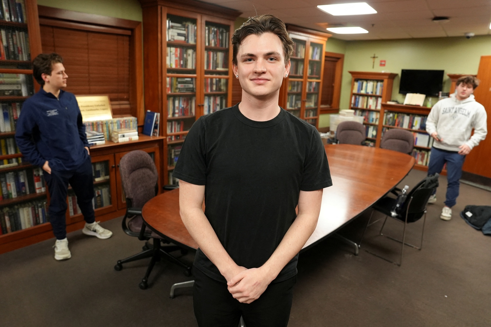 Sophomore Michael Leary, 19, poses for pictures at Saint Anselm College, after being interviewed as part of a panel of students about their views on the U.S.-Israeli attacks on Iran as young Trump voters, in Manchester, New Hampshire, U.S., March 2, 2026. REUTERS/Aleksandra Michalska